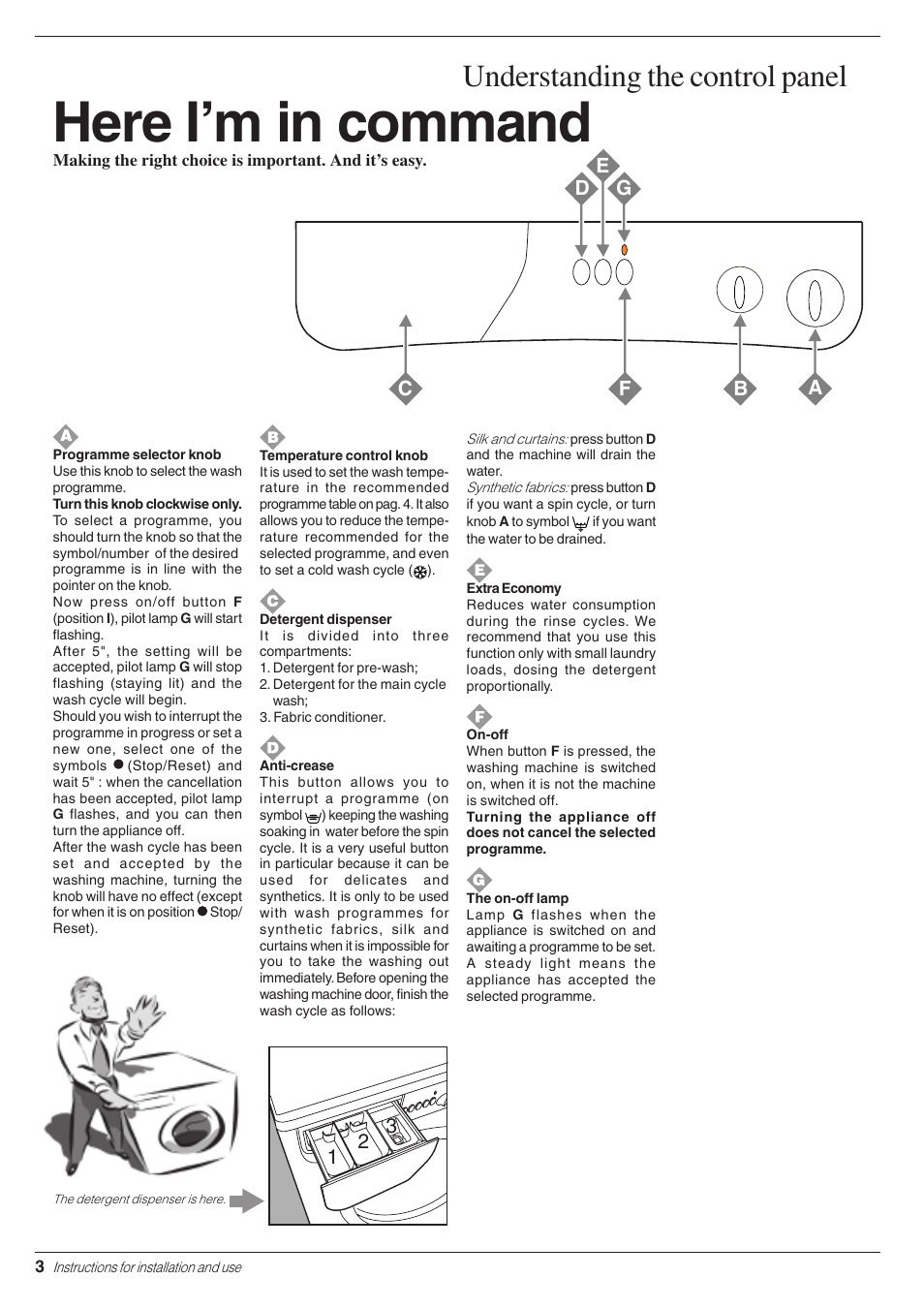 Here i’m in command, Understanding the control panel | Indesit W 103 User Manual | Page 4 / 16