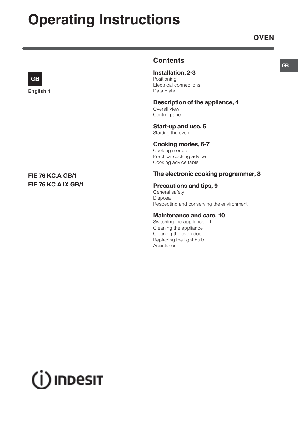 Indesit FIE 76 KC.A GB/1 User Manual | 12 pages