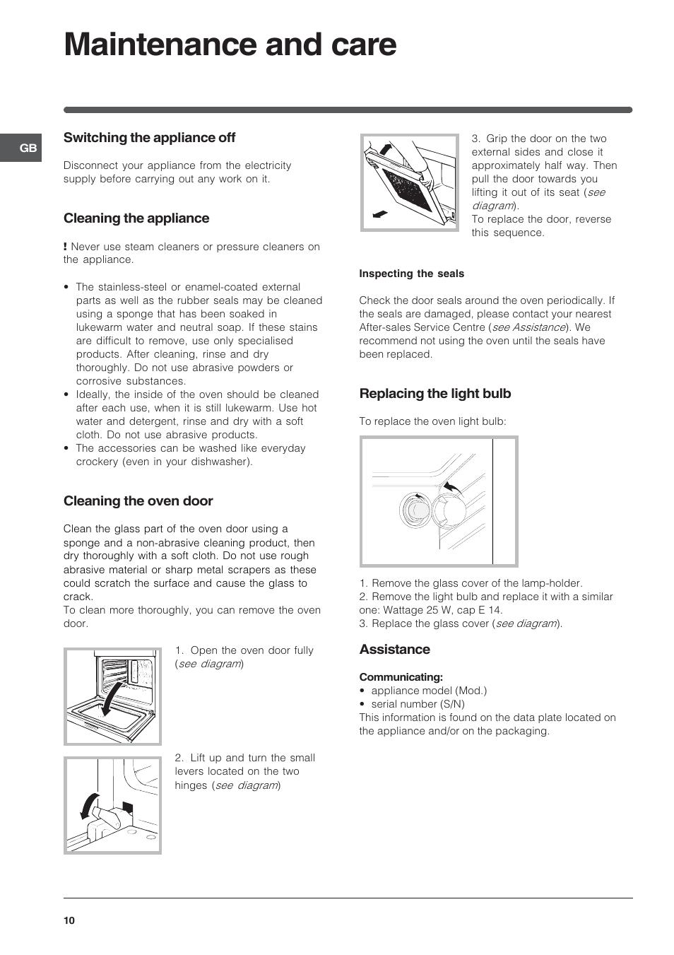 Maintenance and care | Indesit FIE 76 KC.A GB/1 User Manual | Page 10 / 12