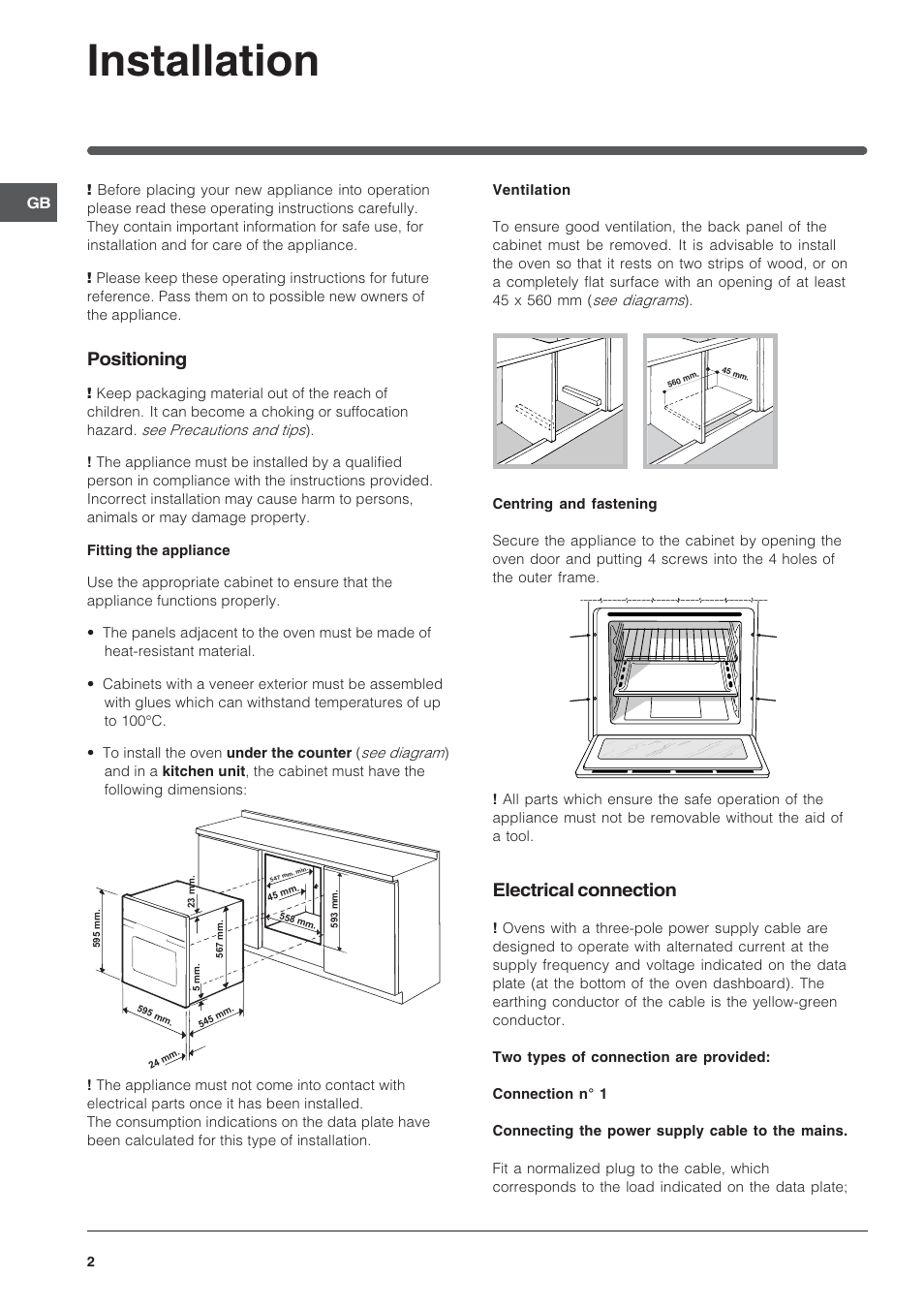Installation, Positioning, Electrical connection | Indesit FIE 76 KC.A GB/1 User Manual | Page 2 / 12