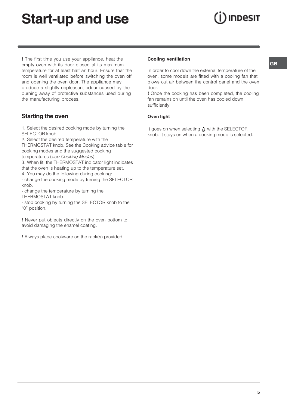 Start-up and use | Indesit FIE 76 KC.A GB/1 User Manual | Page 5 / 12