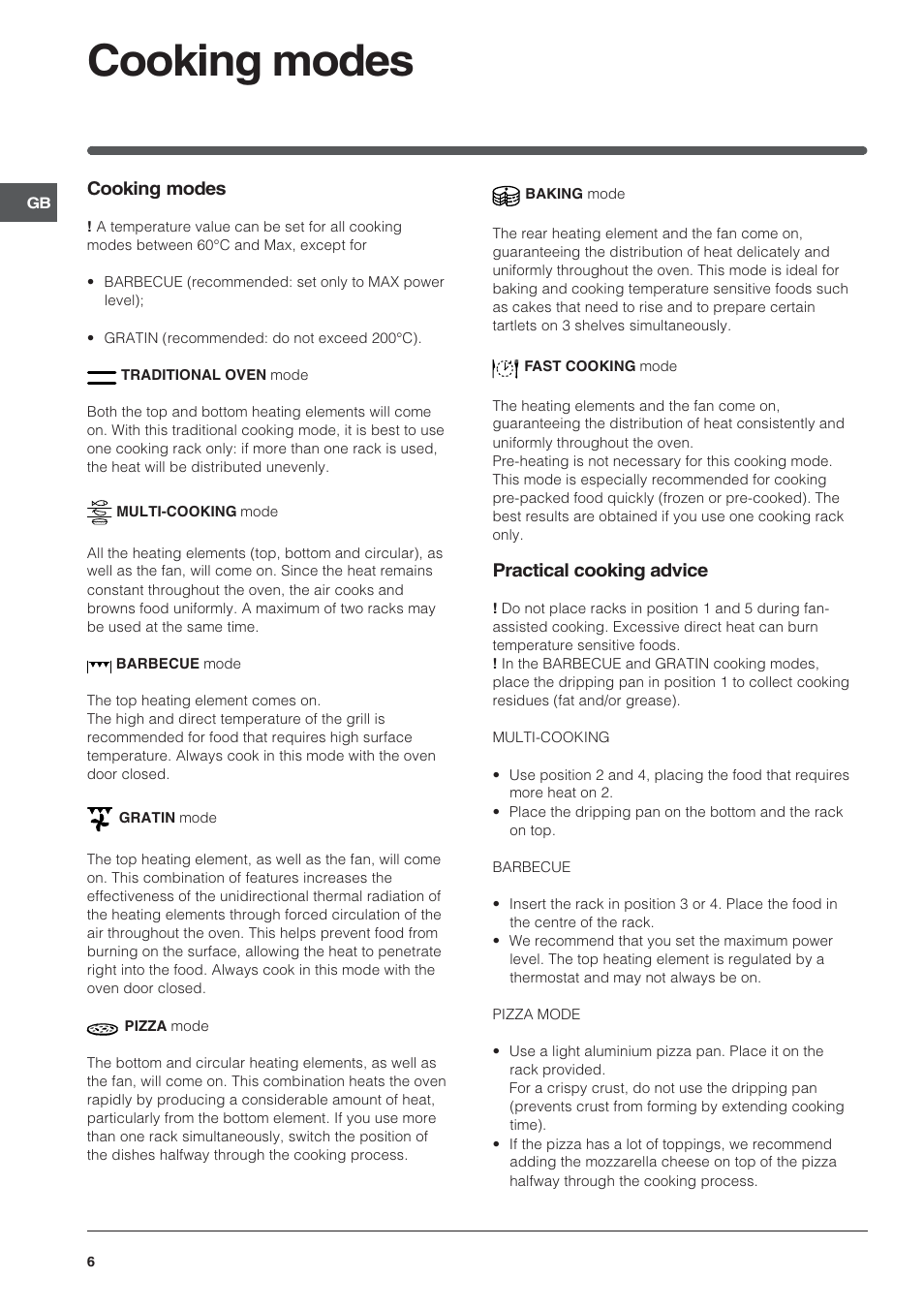 Cooking modes, Practical cooking advice | Indesit FIE 76 KC.A GB/1 User Manual | Page 6 / 12