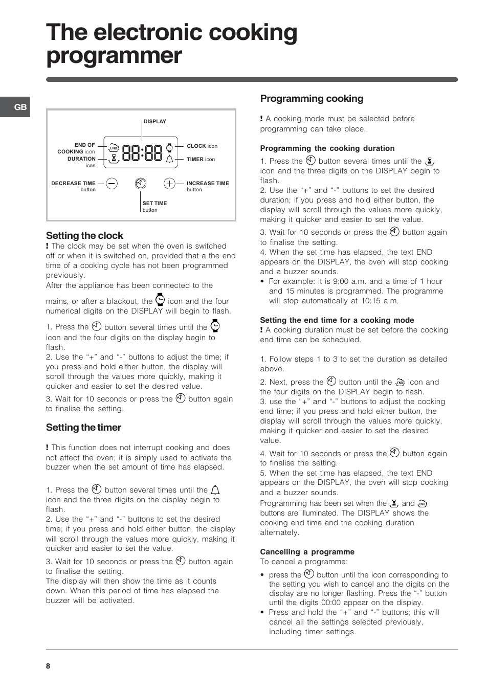 The electronic cooking programmer, Setting the clock, Setting the timer | Programming cooking | Indesit FIE 76 KC.A GB/1 User Manual | Page 8 / 12