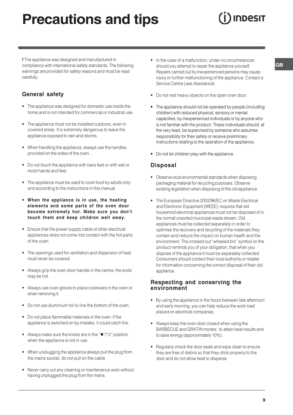 Precautions and tips, General safety, Disposal | Respecting and conserving the environment | Indesit FIE 76 KC.A GB/1 User Manual | Page 9 / 12