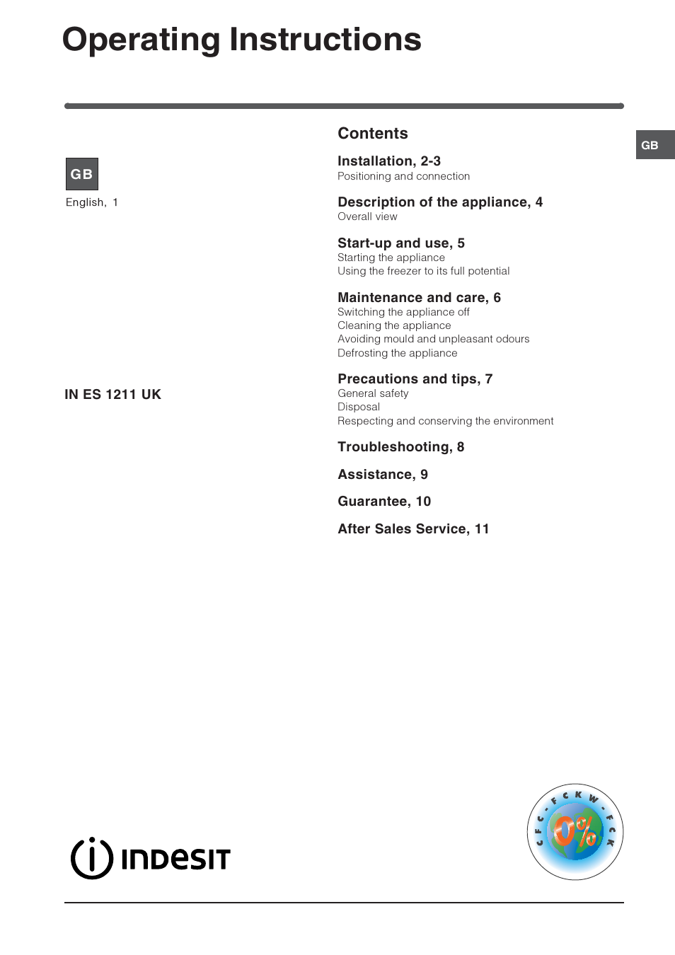 Indesit IN ES 1211 UK User Manual | 12 pages