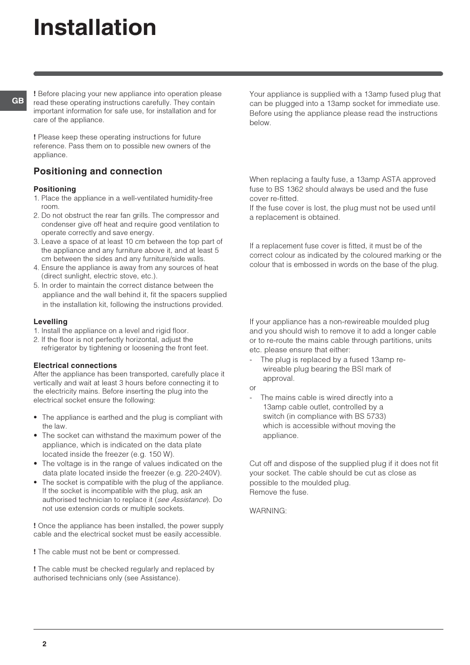 Installation, Positioning and connection | Indesit IN ES 1211 UK User Manual | Page 2 / 12