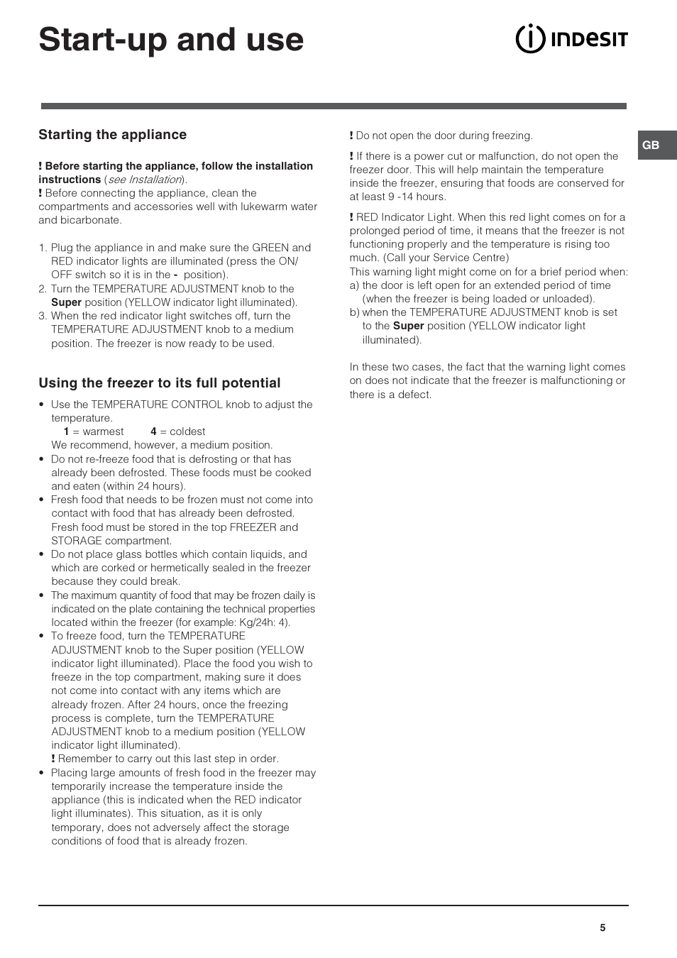 Start-up and use | Indesit IN ES 1211 UK User Manual | Page 5 / 12