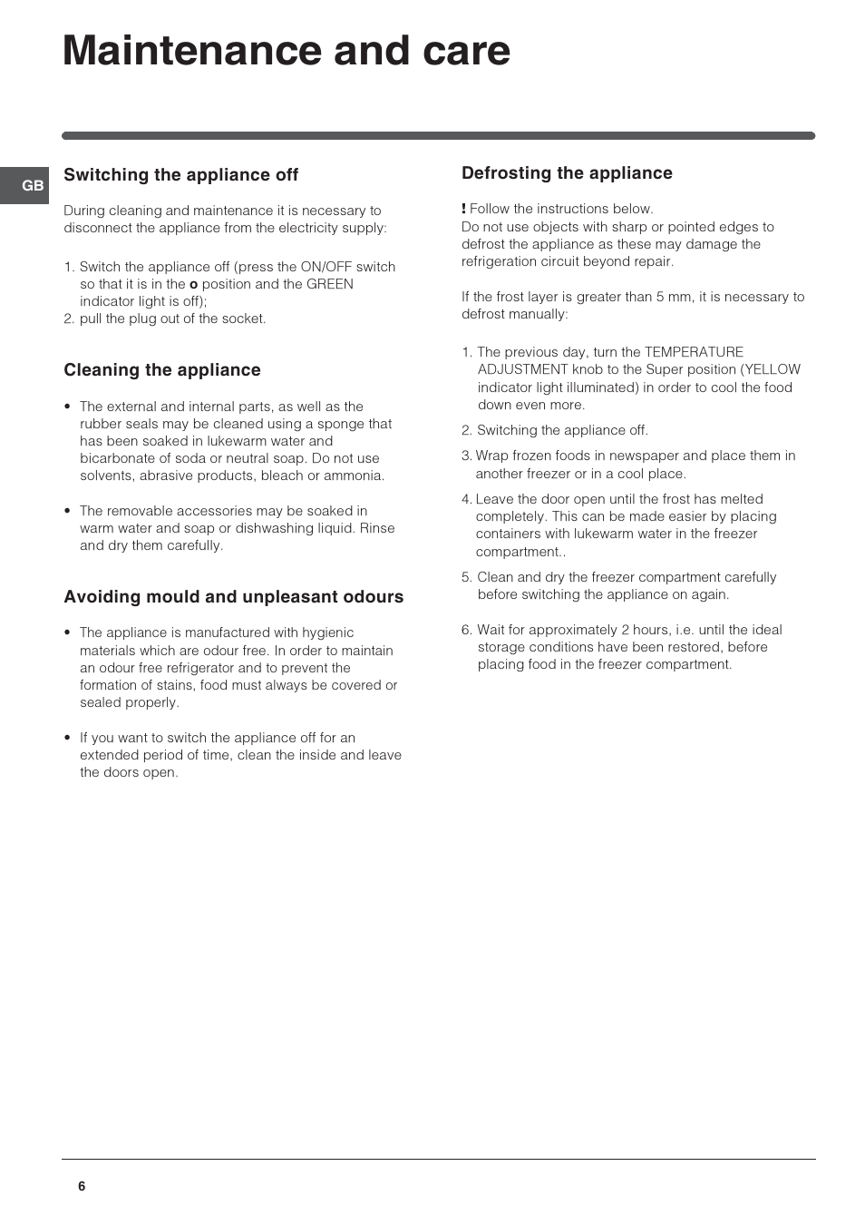 Maintenance and care | Indesit IN ES 1211 UK User Manual | Page 6 / 12