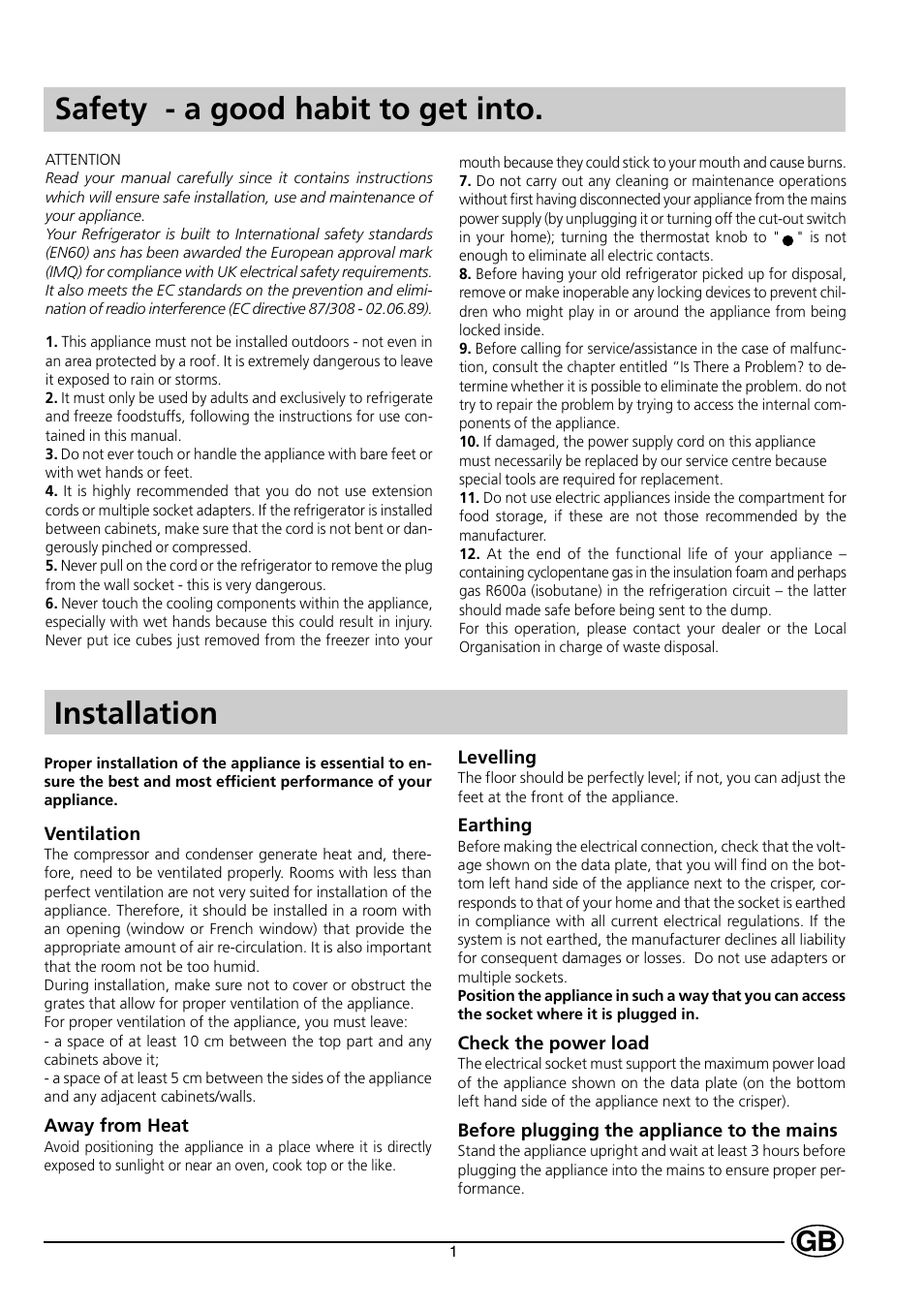 Safety - a good habit to get into. installation | Indesit C 239 NF UK User Manual | Page 3 / 16