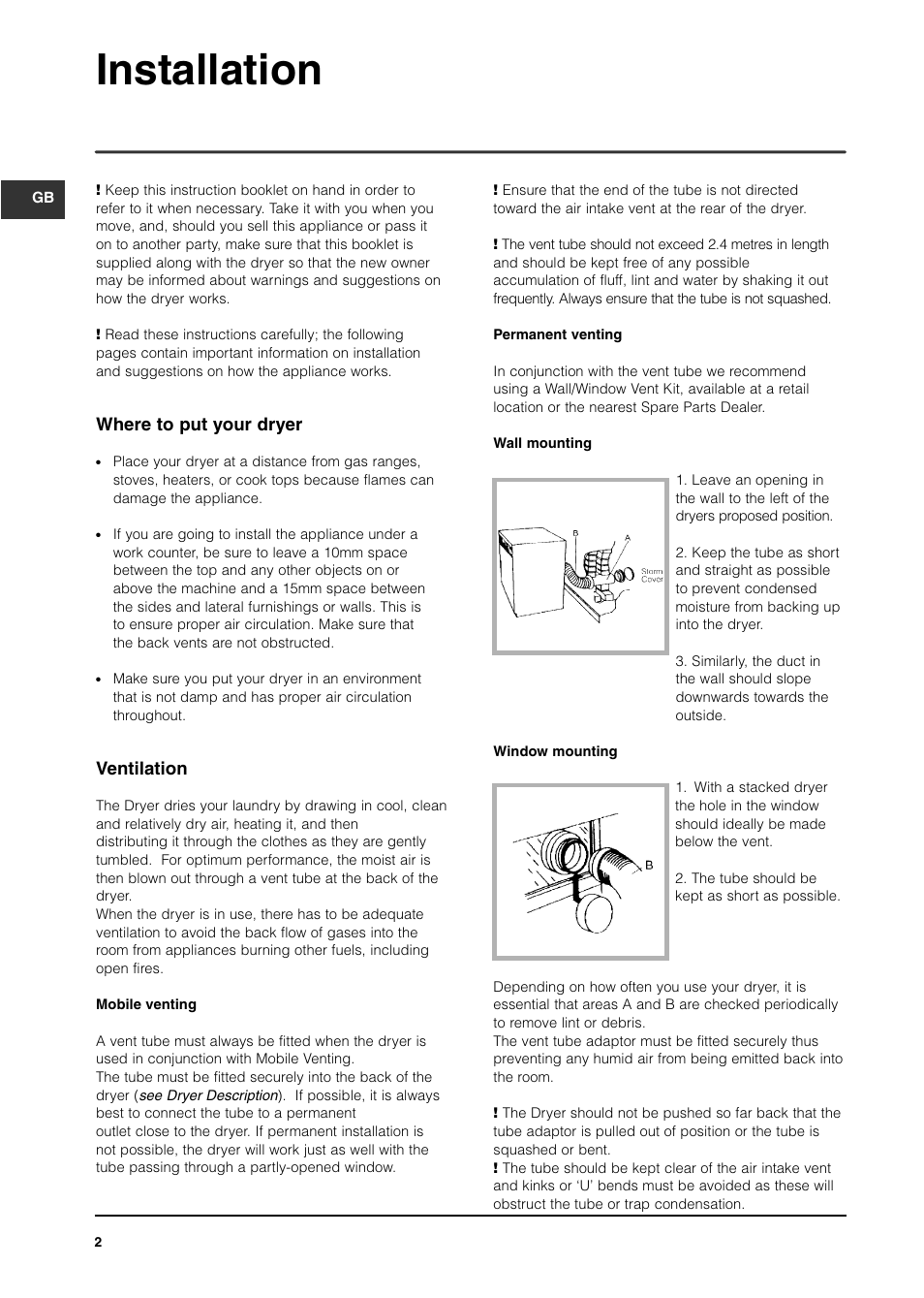 Installation, Where to put your dryer, Ventilation | Indesit IS60VU User Manual | Page 2 / 12