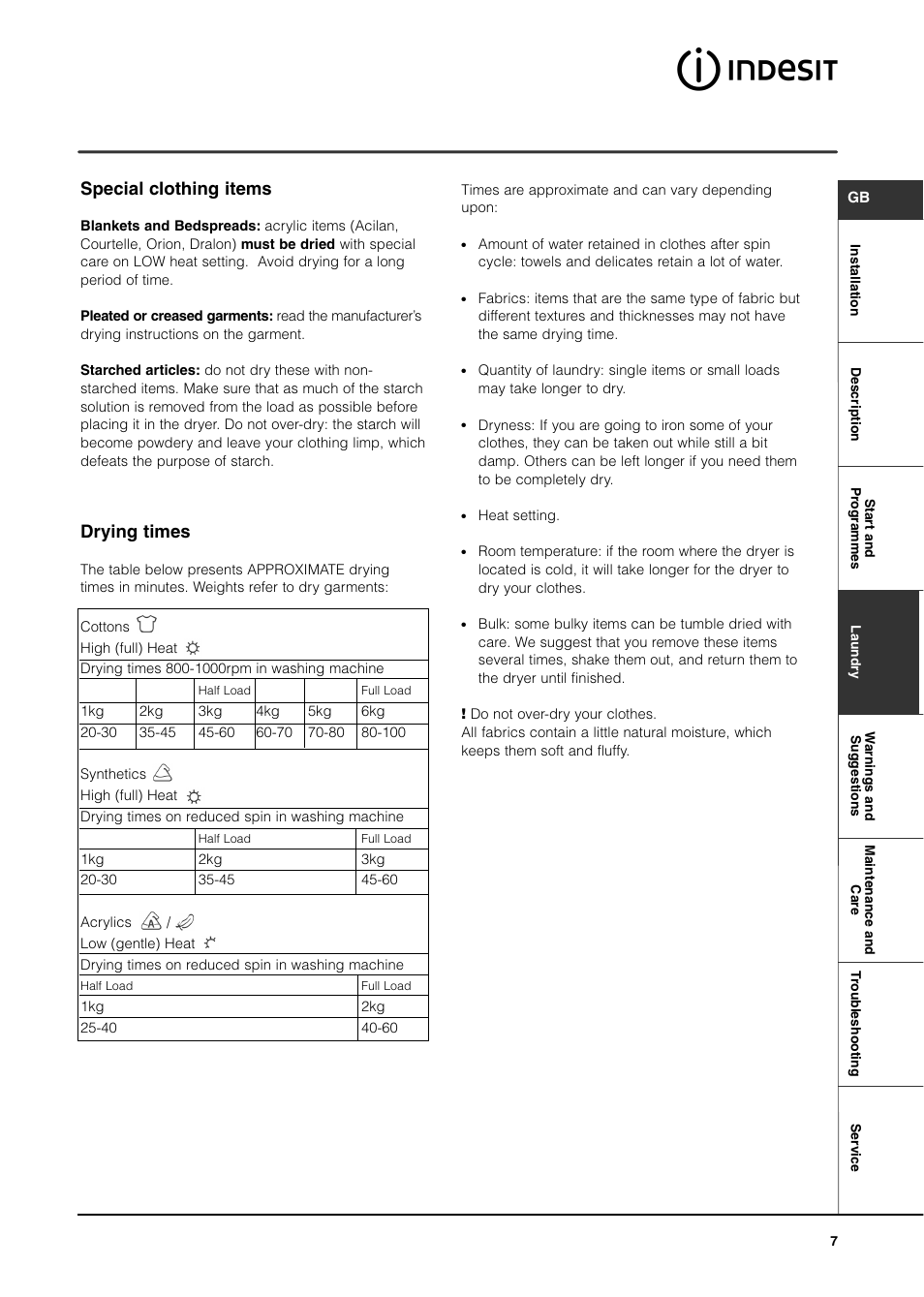 Special clothing items, Drying times | Indesit IS60VU User Manual | Page 7 / 12