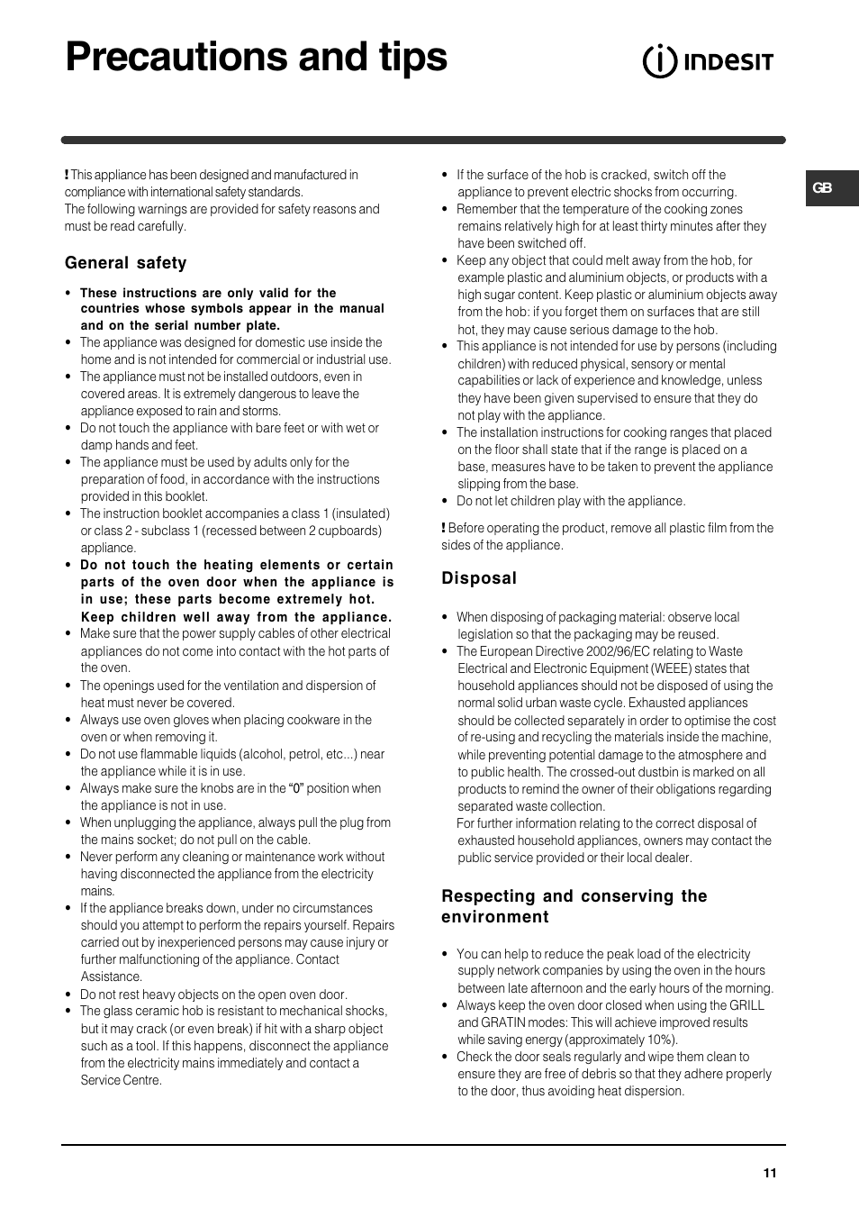 Precautions and tips, General safety, Disposal | Respecting and conserving the environment | Indesit KP900CX User Manual | Page 11 / 12