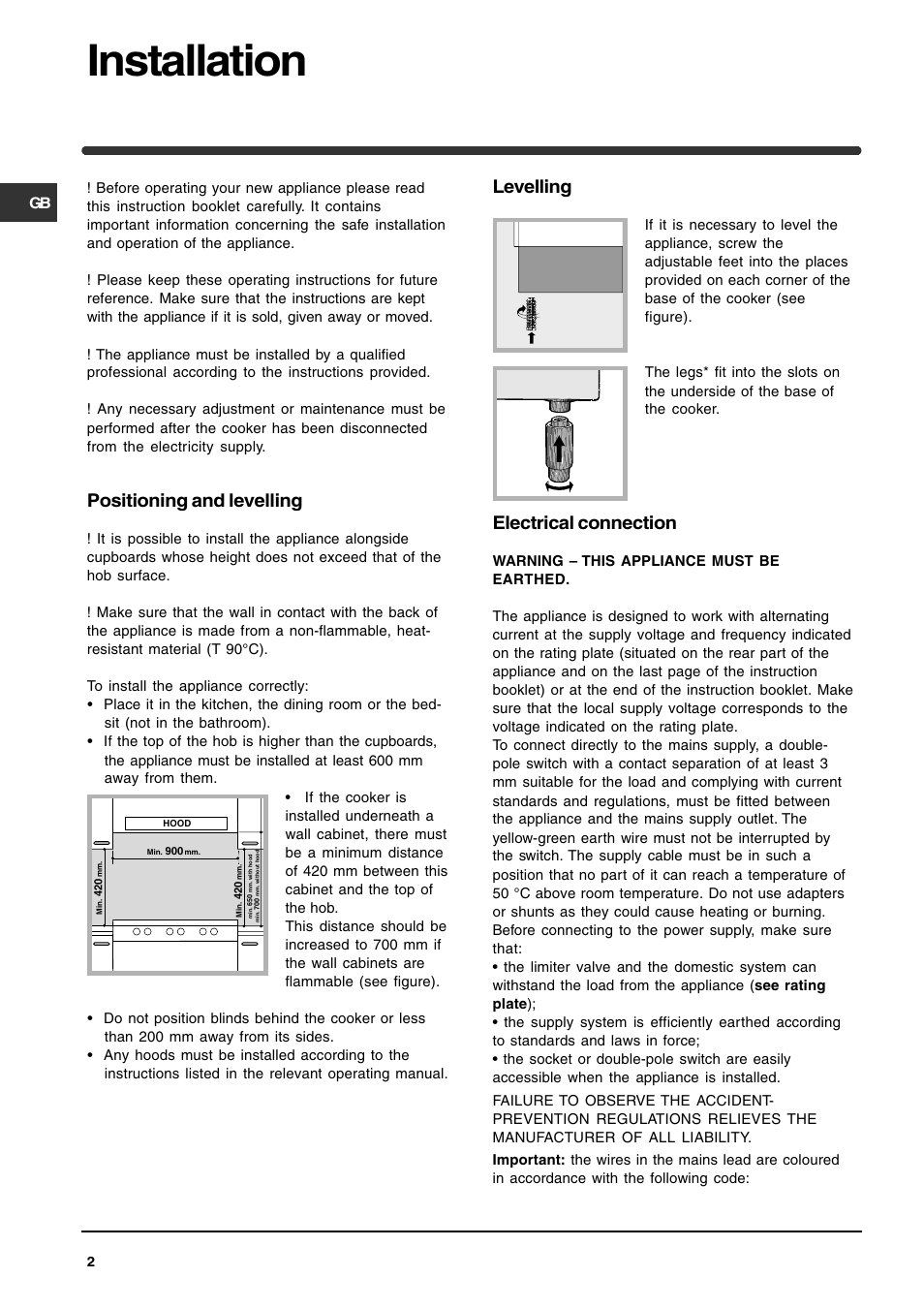 Installation, Positioning and levelling, Levelling | Electrical connection | Indesit KP900CX User Manual | Page 2 / 12