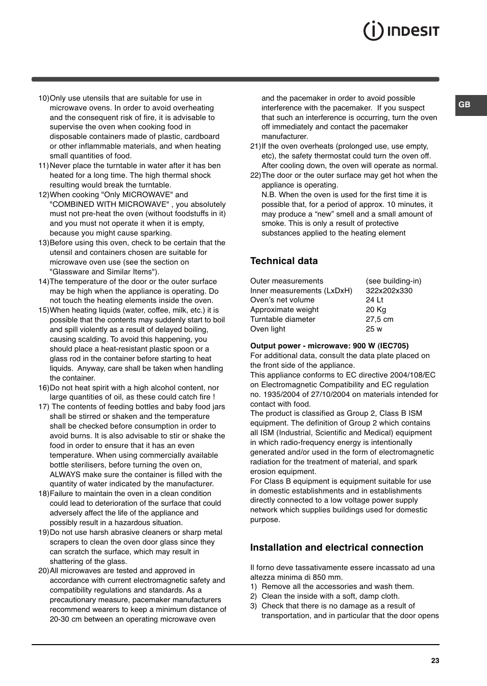 Technical data, Installation and electrical connection | Indesit MWI 14IX User Manual | Page 5 / 18