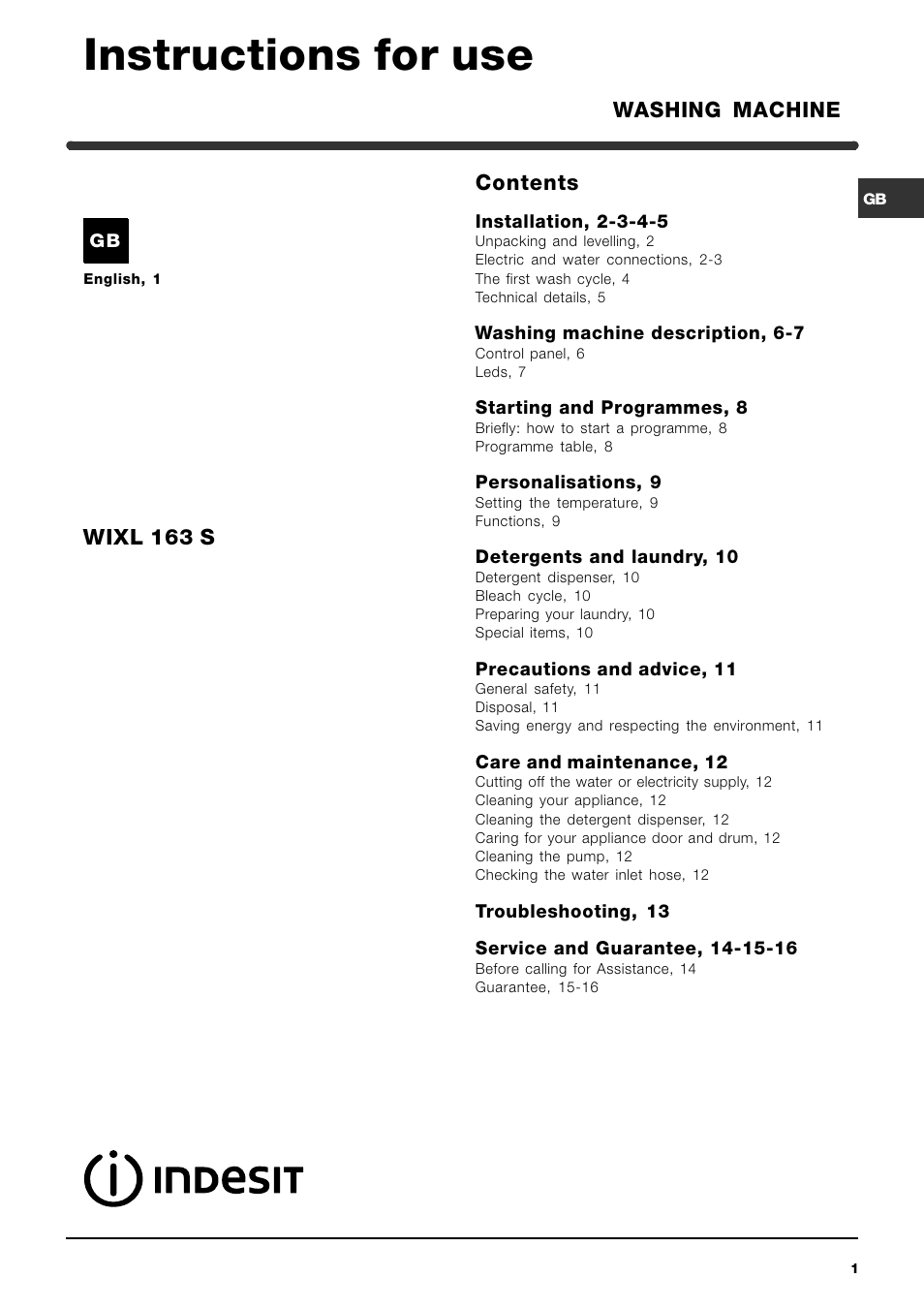 Indesit WIXL 163 S User Manual | 16 pages