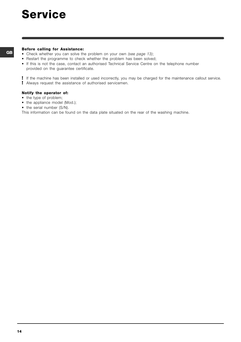 Service | Indesit WIXL 163 S User Manual | Page 14 / 16