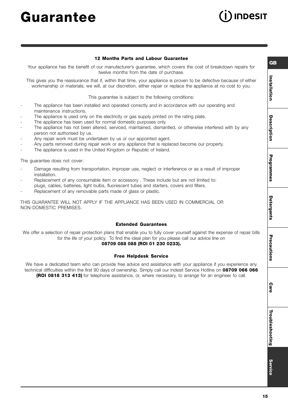 Guarantee | Indesit WIXL 163 S User Manual | Page 15 / 16