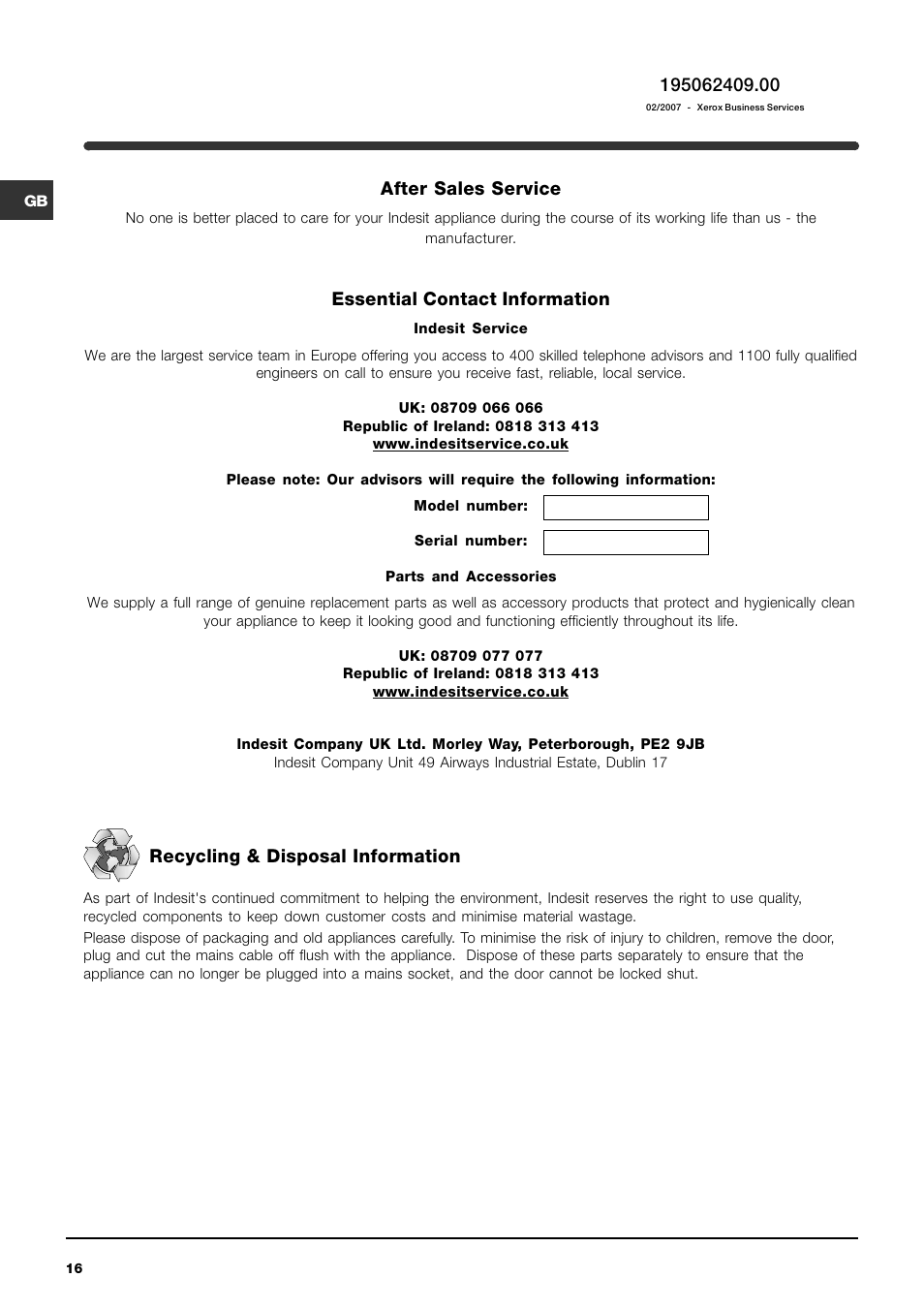 After sales service, Essential contact information, Recycling & disposal information | Indesit WIXL 163 S User Manual | Page 16 / 16