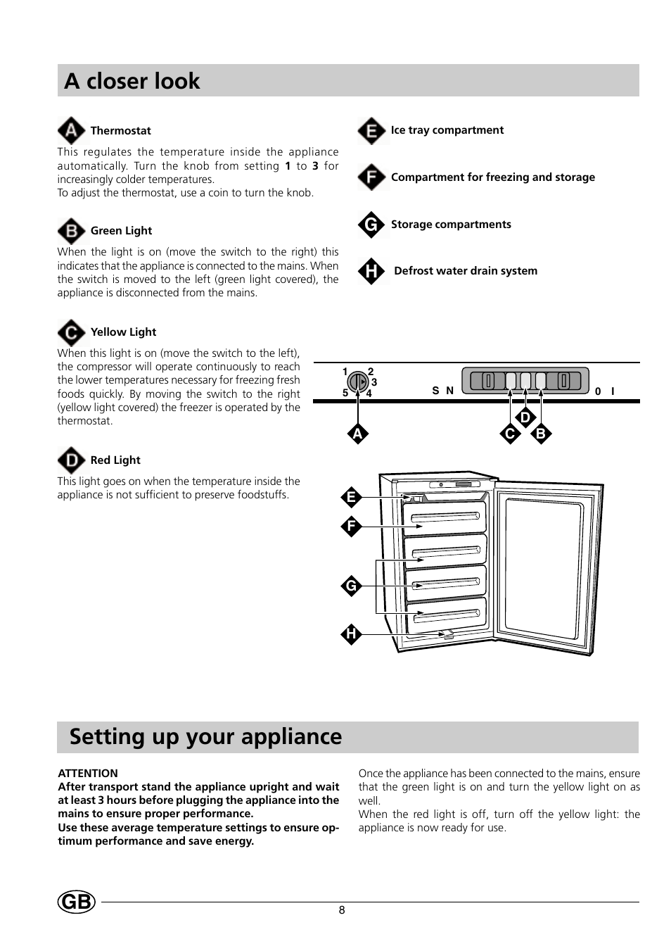 A closer look, Setting up your appliance | Indesit INF 140 - GF 140 User Manual | Page 10 / 48