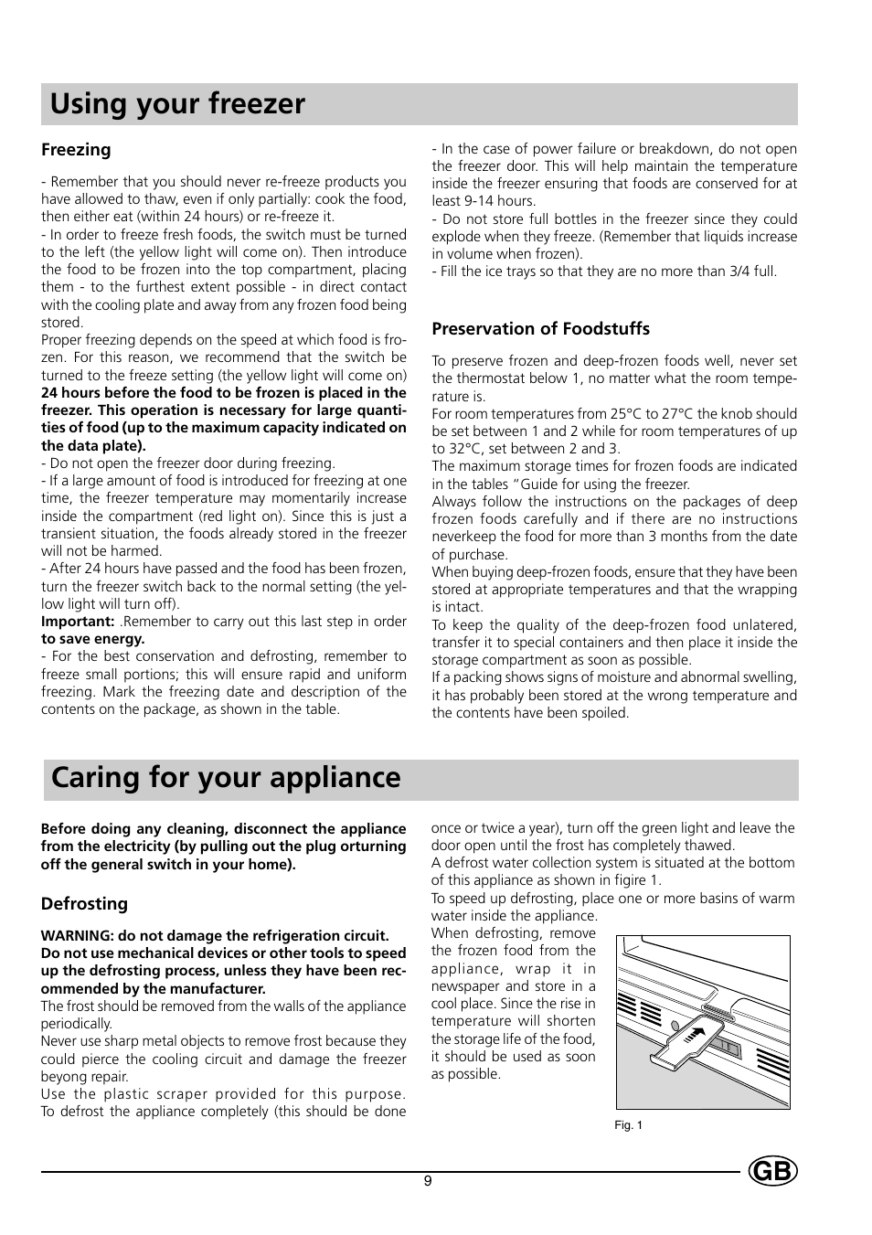 Using your freezer, Caring for your appliance | Indesit INF 140 - GF 140 User Manual | Page 11 / 48