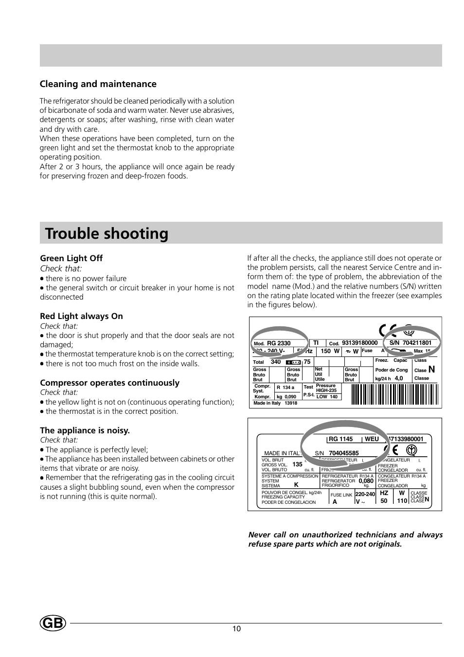 Trouble shooting, Cleaning and maintenance, Green light off check that | Red light always on, Compressor operates continuously, The appliance is noisy | Indesit INF 140 - GF 140 User Manual | Page 12 / 48