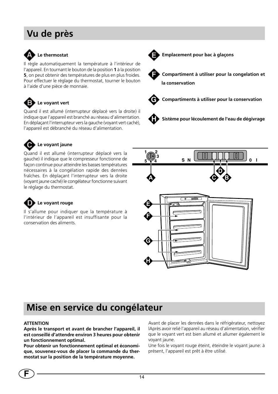 Vu de près, Mise en service du congélateur | Indesit INF 140 - GF 140 User Manual | Page 16 / 48