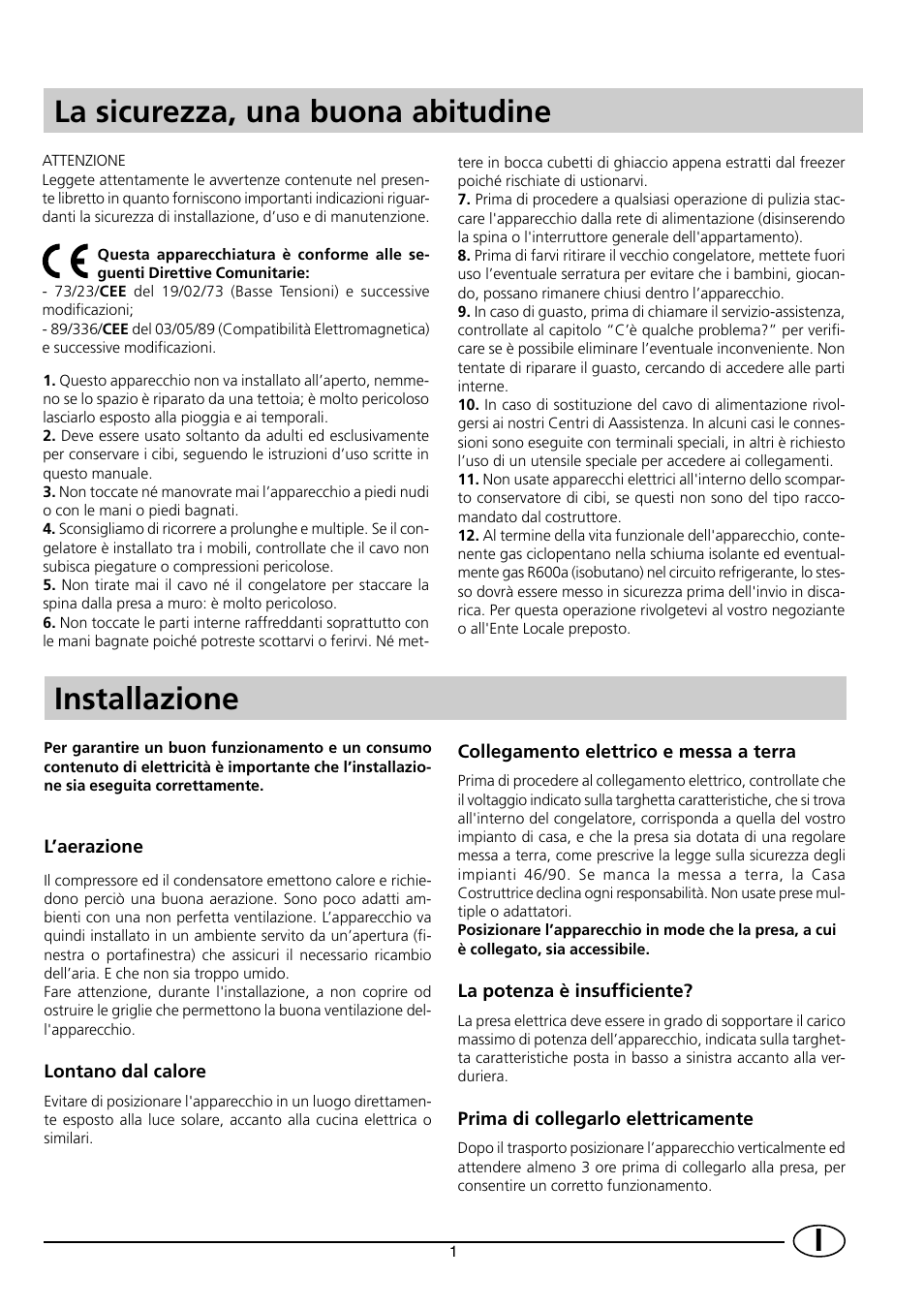 Ila sicurezza, una buona abitudine, Installazione | Indesit INF 140 - GF 140 User Manual | Page 3 / 48