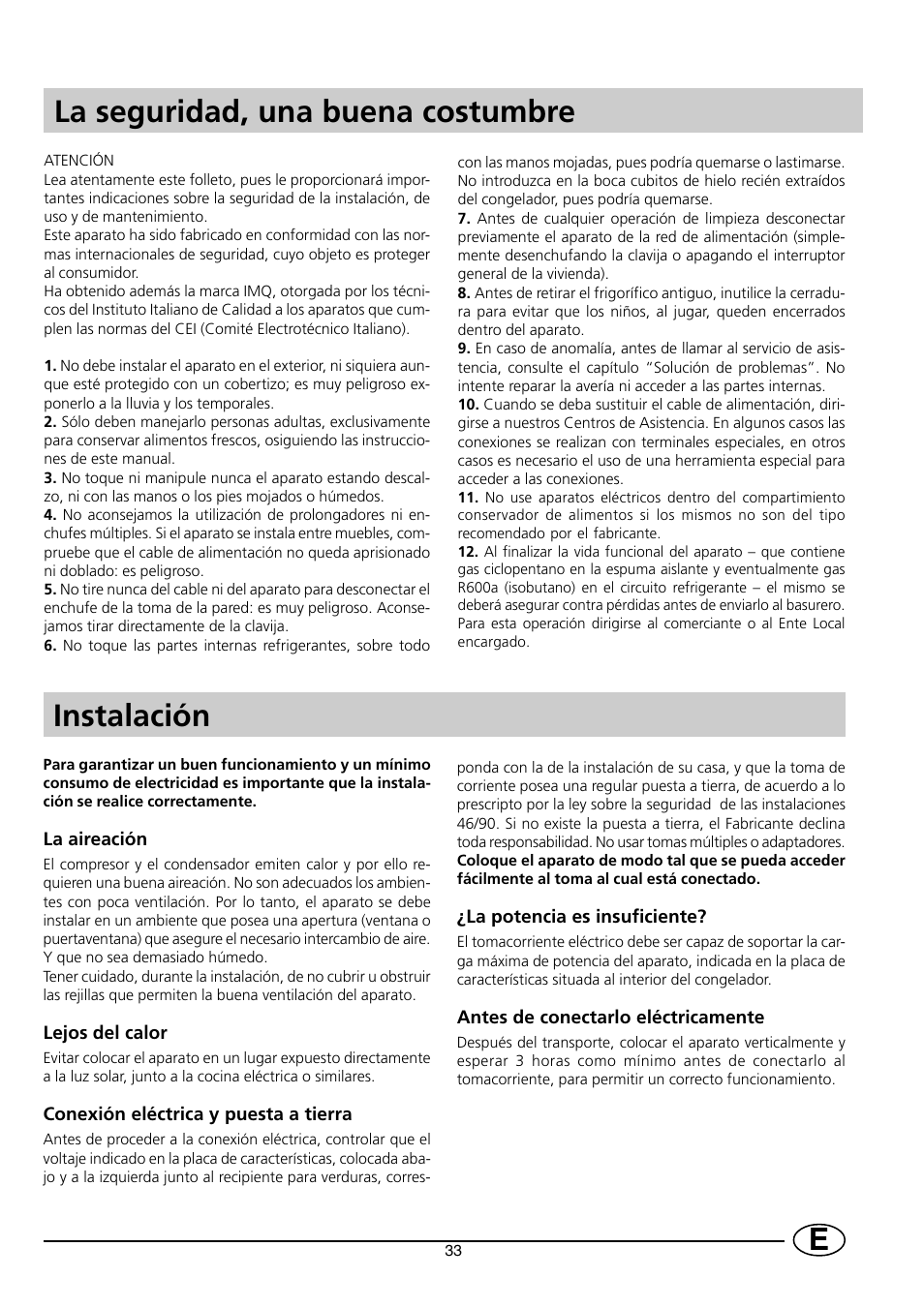 La seguridad, una buena costumbre, Instalación | Indesit INF 140 - GF 140 User Manual | Page 35 / 48