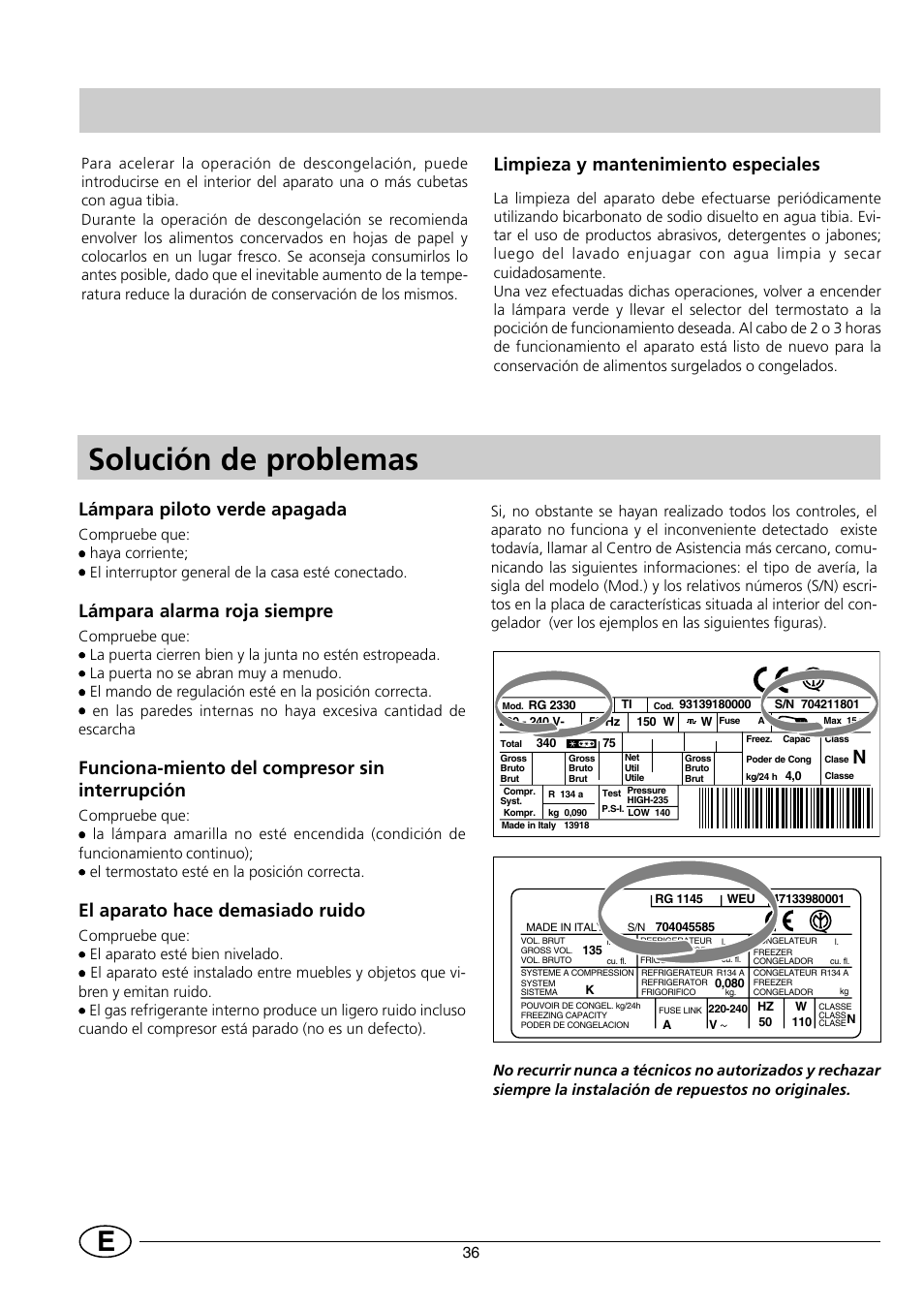 Solución de problemas, Limpieza y mantenimiento especiales, Lámpara piloto verde apagada | Lámpara alarma roja siempre, Funciona-miento del compresor sin interrupción, El aparato hace demasiado ruido | Indesit INF 140 - GF 140 User Manual | Page 38 / 48