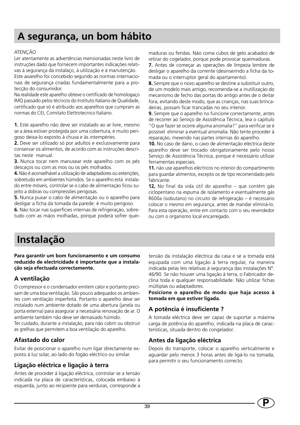 A segurança, un bom hábito, Instalação | Indesit INF 140 - GF 140 User Manual | Page 41 / 48