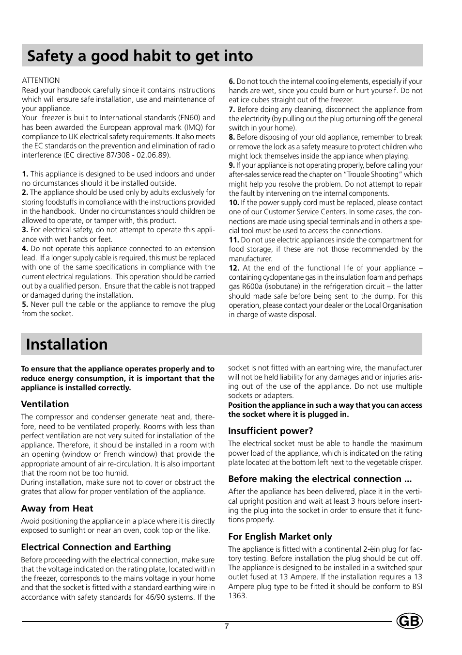 Safety a good habit to get into, Installation | Indesit INF 140 - GF 140 User Manual | Page 9 / 48