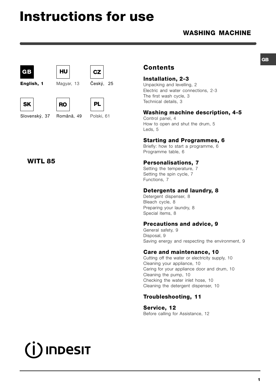 Indesit WITL 85 User Manual | 72 pages