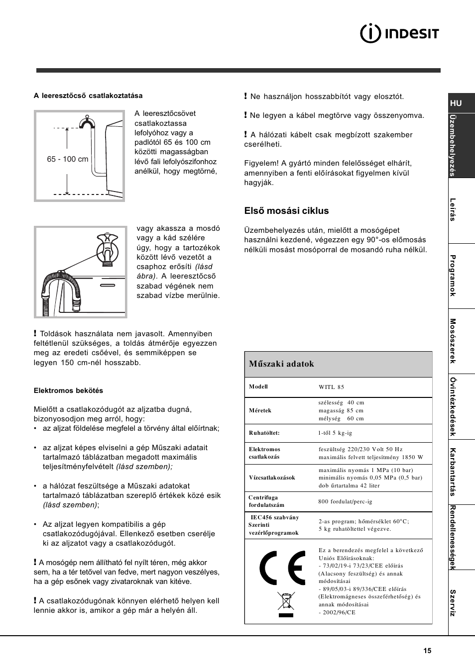 Elsõ mosási ciklus | Indesit WITL 85 User Manual | Page 15 / 72