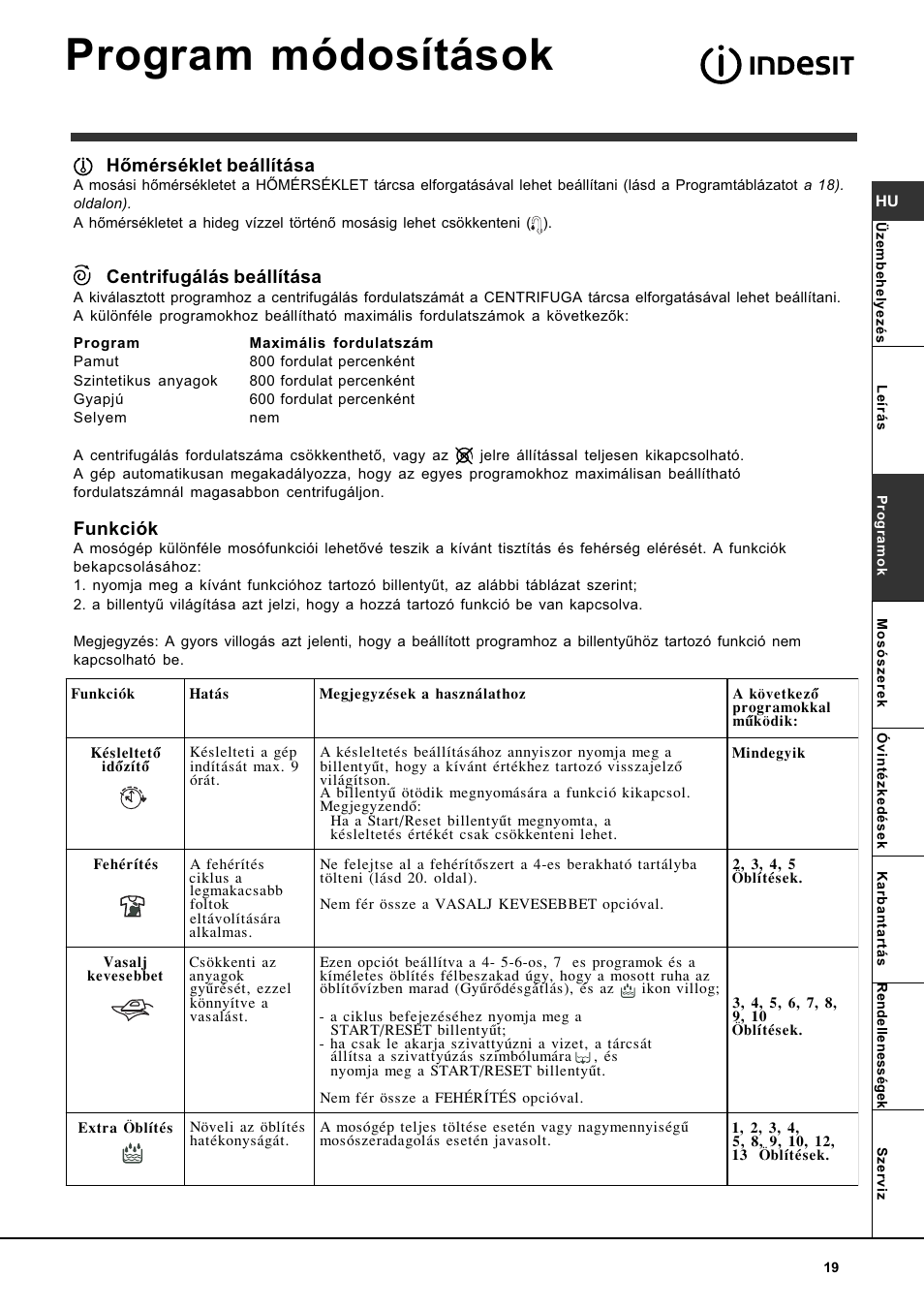 Program módosítások, Hõmérséklet beállítása, Centrifugálás beállítása | Funkciók | Indesit WITL 85 User Manual | Page 19 / 72