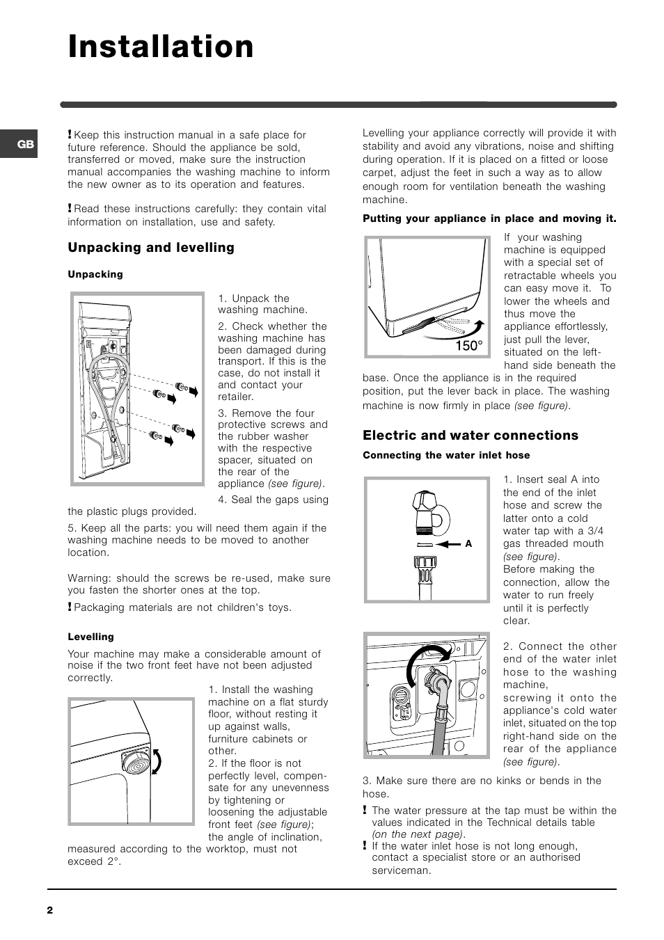 Installation, Unpacking and levelling, Electric and water connections | Indesit WITL 85 User Manual | Page 2 / 72