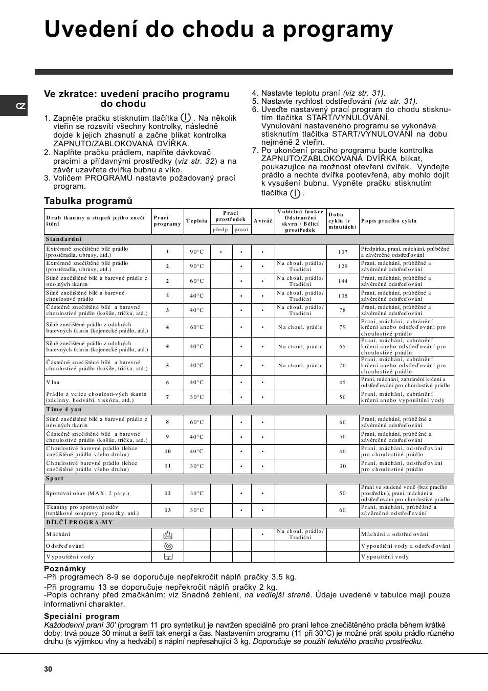 Uvedení do chodu a programy | Indesit WITL 85 User Manual | Page 30 / 72