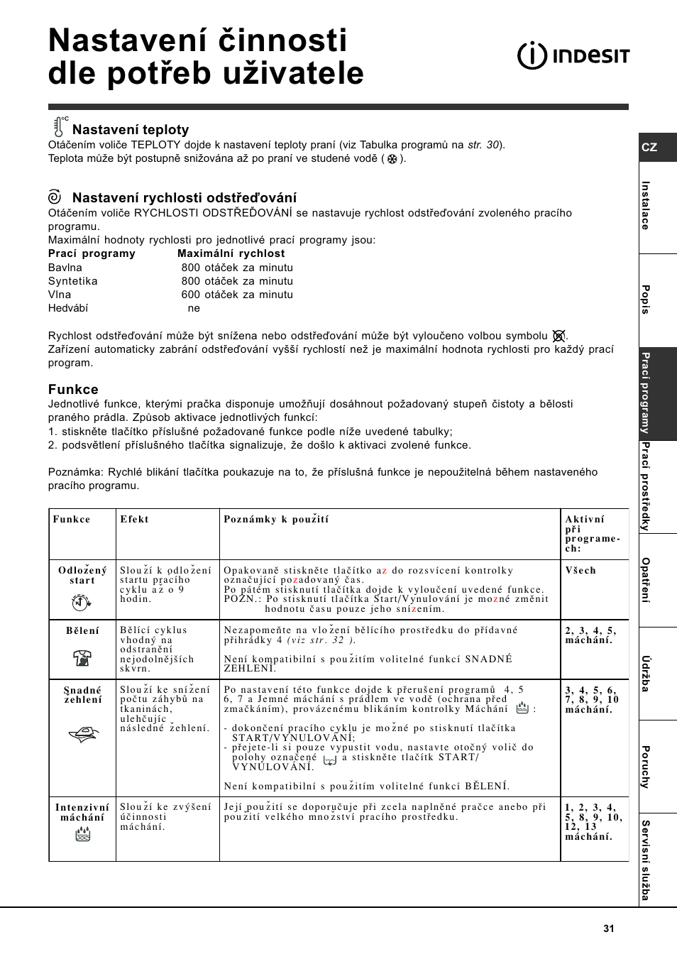 Nastavení èinnosti dle potøeb uivatele, Nastavení teploty, Nastavení rychlosti odstøeïování | Funkce | Indesit WITL 85 User Manual | Page 31 / 72