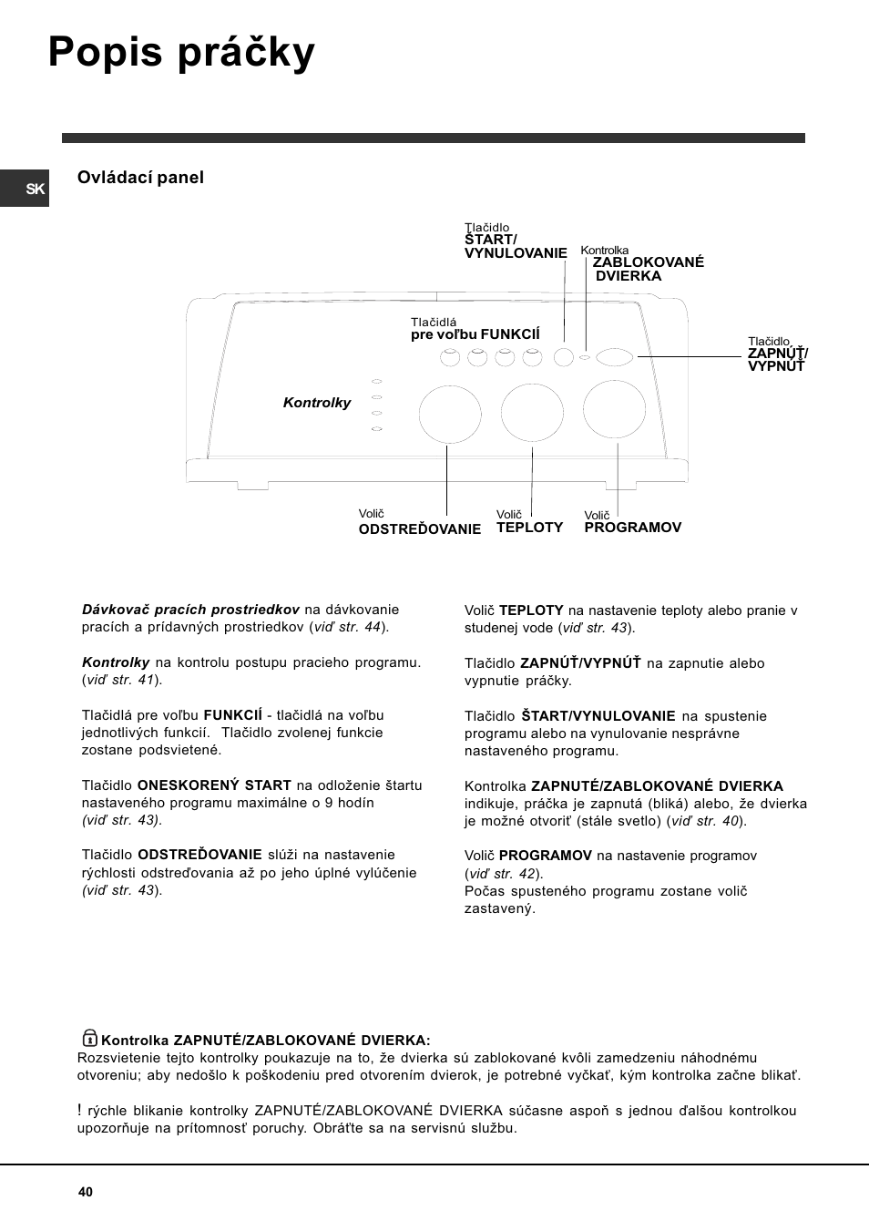 Popis práèky, Ovládací panel | Indesit WITL 85 User Manual | Page 40 / 72