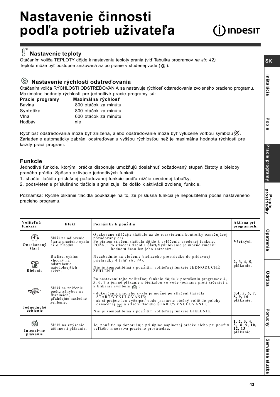 Nastavenie èinnosti pod¾a potrieb uivate¾a, Nastavenie teploty, Nastavenie rýchlosti odstreïovania | Funkcie | Indesit WITL 85 User Manual | Page 43 / 72