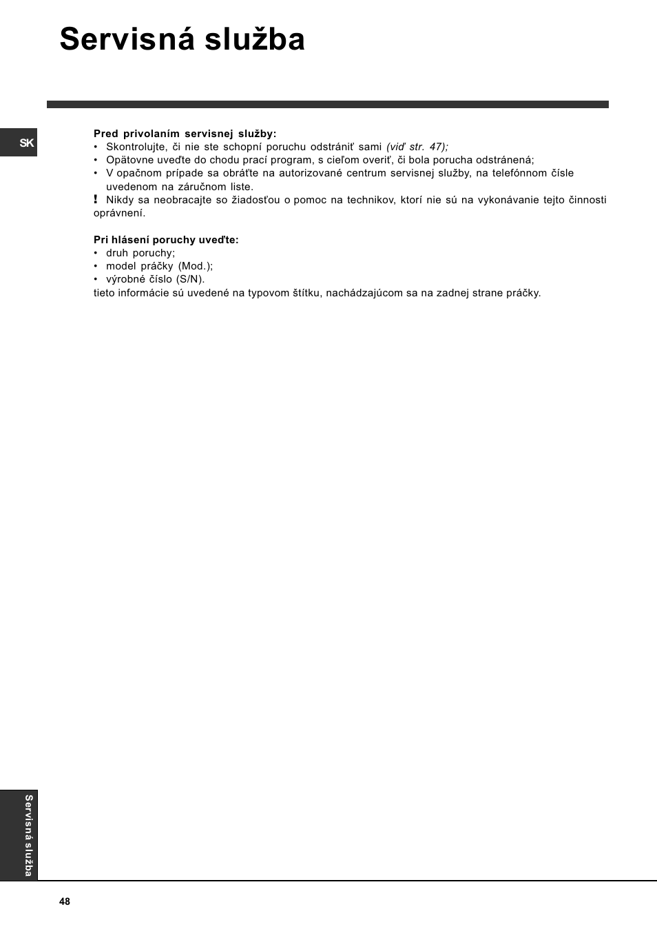 Servisná sluba | Indesit WITL 85 User Manual | Page 48 / 72