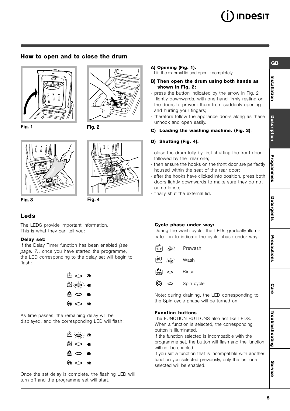 Leds, How to open and to close the drum | Indesit WITL 85 User Manual | Page 5 / 72