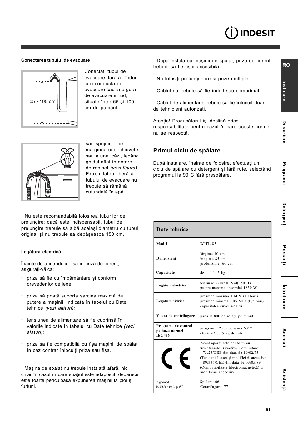 Primul ciclu de spãlare | Indesit WITL 85 User Manual | Page 51 / 72