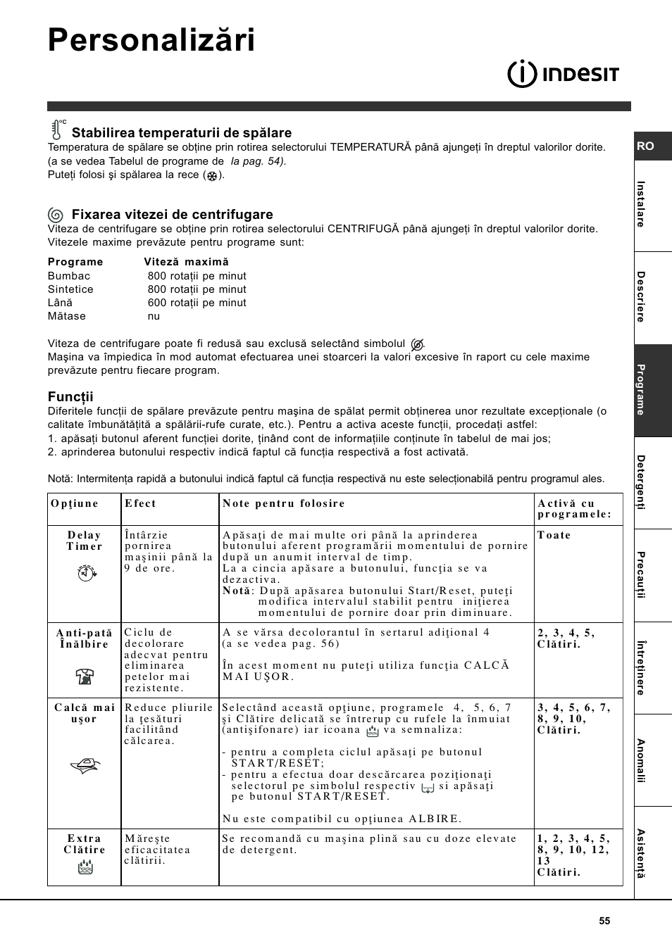 Personalizãri, Stabilirea temperaturii de spãlare, Fixarea vitezei de centrifugare | Funcþii | Indesit WITL 85 User Manual | Page 55 / 72