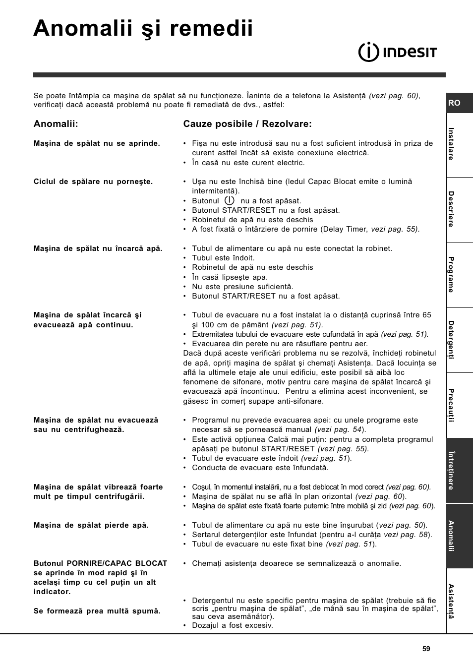 Anomalii ºi remedii, Anomalii, Cauze posibile / rezolvare | Indesit WITL 85 User Manual | Page 59 / 72