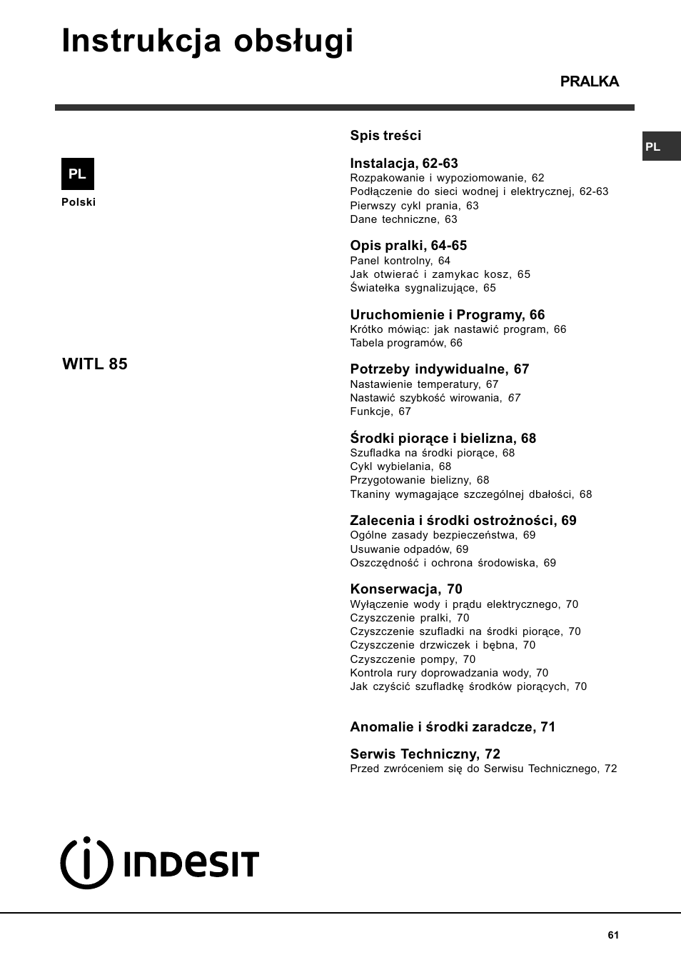 Instrukcja obs³ugi, Witl 85 | Indesit WITL 85 User Manual | Page 61 / 72