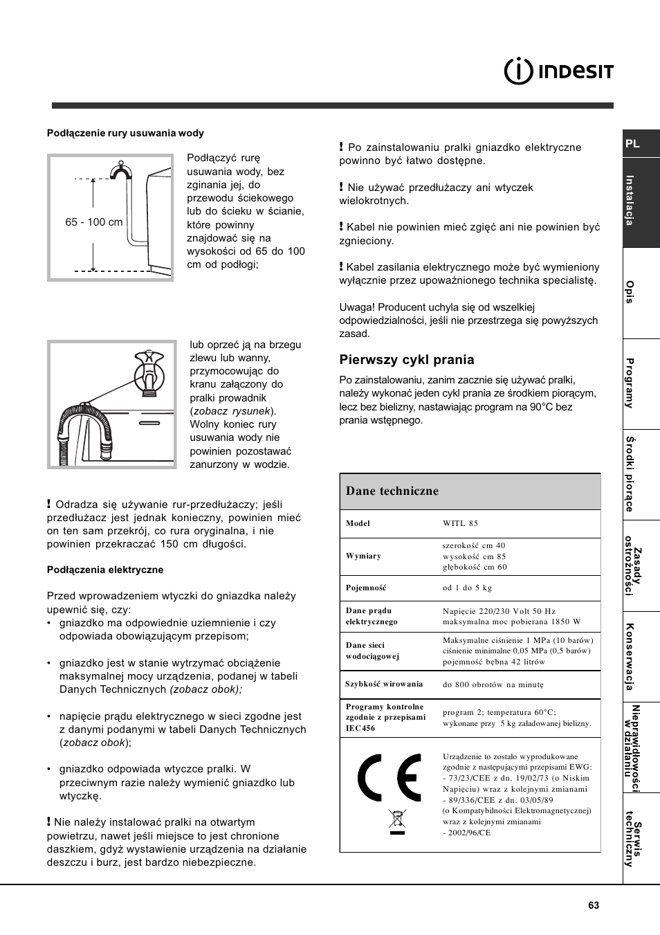 Pierwszy cykl prania, Dane techniczne | Indesit WITL 85 User Manual | Page 63 / 72