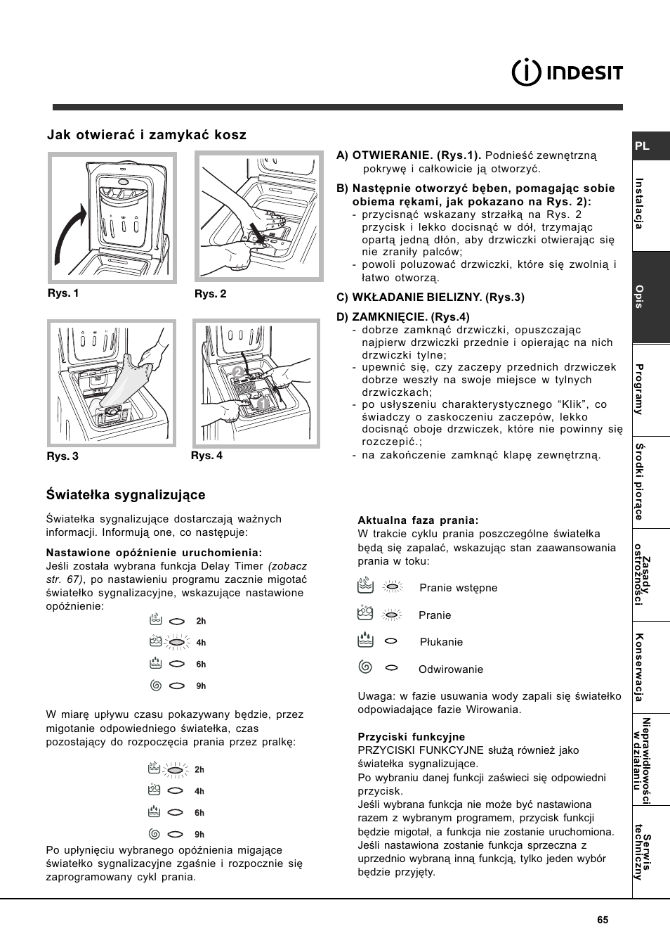 Jak otwieraæ i zamykaæ kosz, Wiate³ka sygnalizuj¹ce | Indesit WITL 85 User Manual | Page 65 / 72