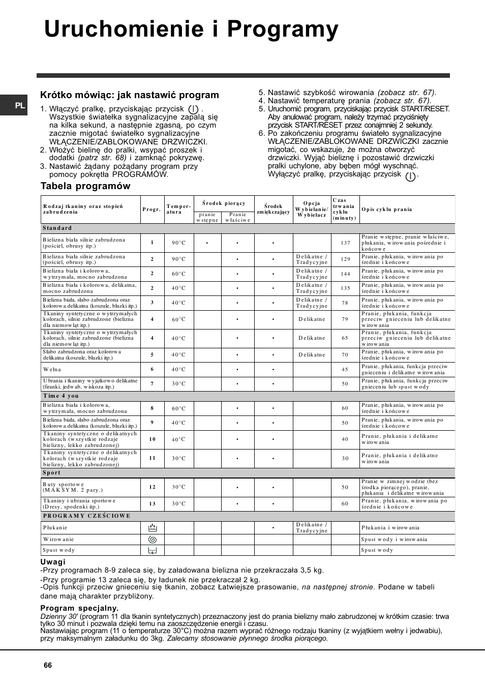 Uruchomienie i programy, Tabela programów, Krótko mówi¹c: jak nastawiæ program | Uwagi, Program specjalny | Indesit WITL 85 User Manual | Page 66 / 72