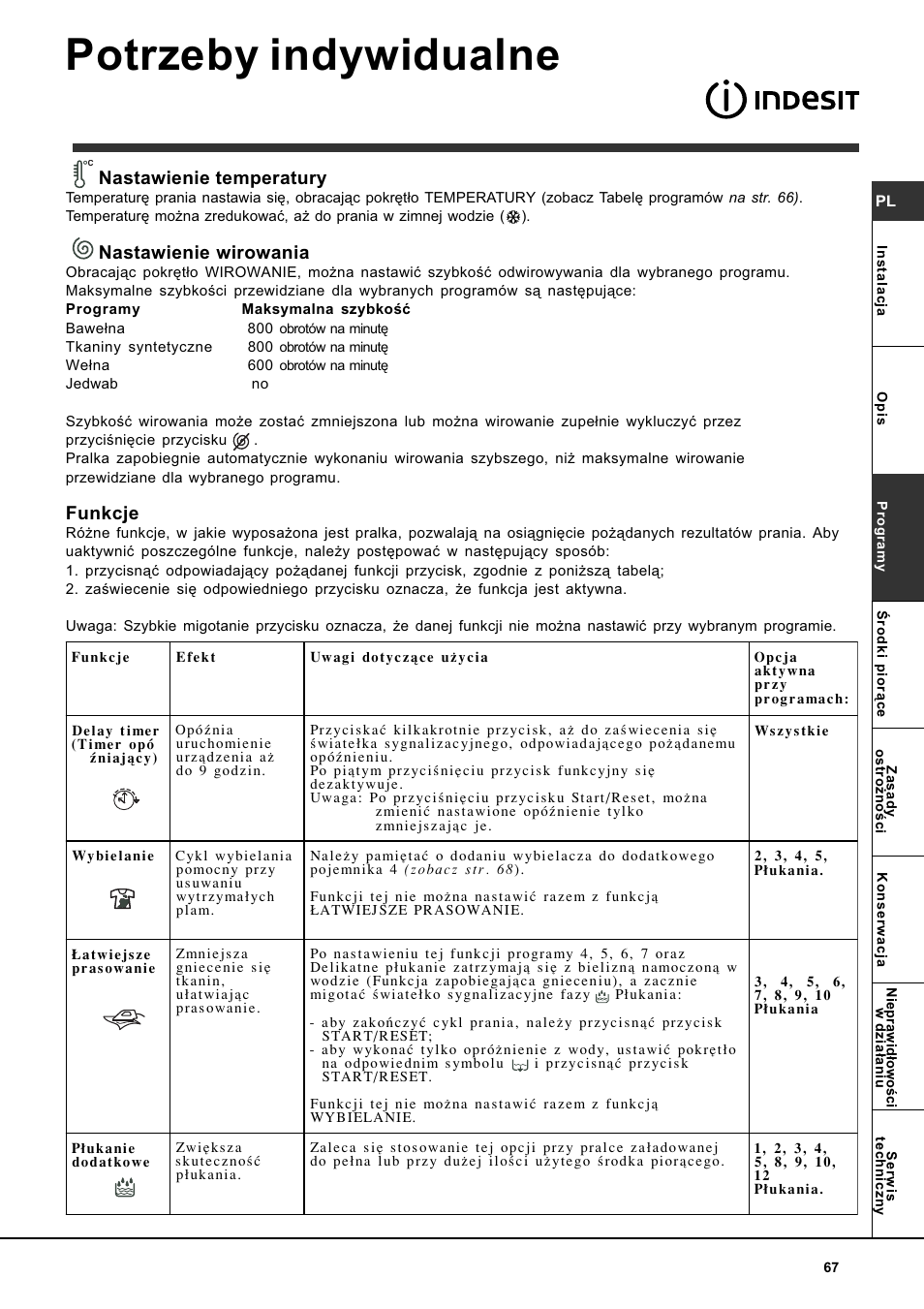 Potrzeby indywidualne, Nastawienie temperatury, Nastawienie wirowania | Funkcje | Indesit WITL 85 User Manual | Page 67 / 72