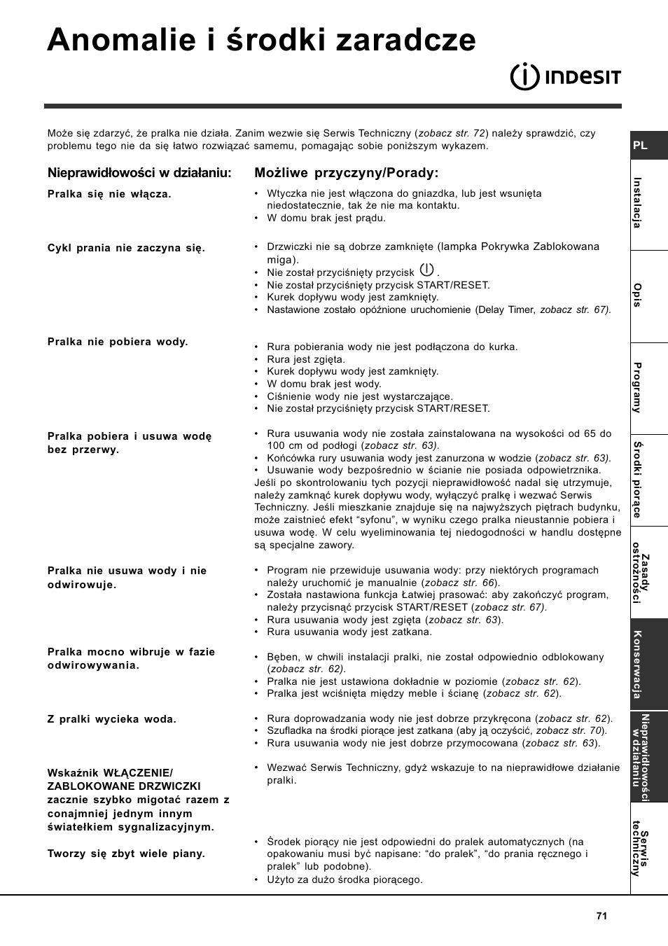 Anomalie i rodki zaradcze, Nieprawid³owoci w dzia³aniu, Mo¿liwe przyczyny/porady | Indesit WITL 85 User Manual | Page 71 / 72